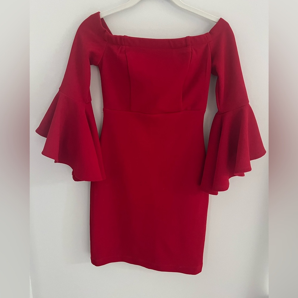 Teeze Me Red Off-Shoulder Long Sleeve Dress